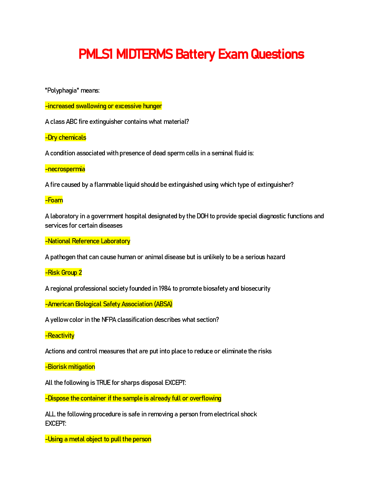 Preview image of PMLS1 MIDTERMS Battery Exam Questions document